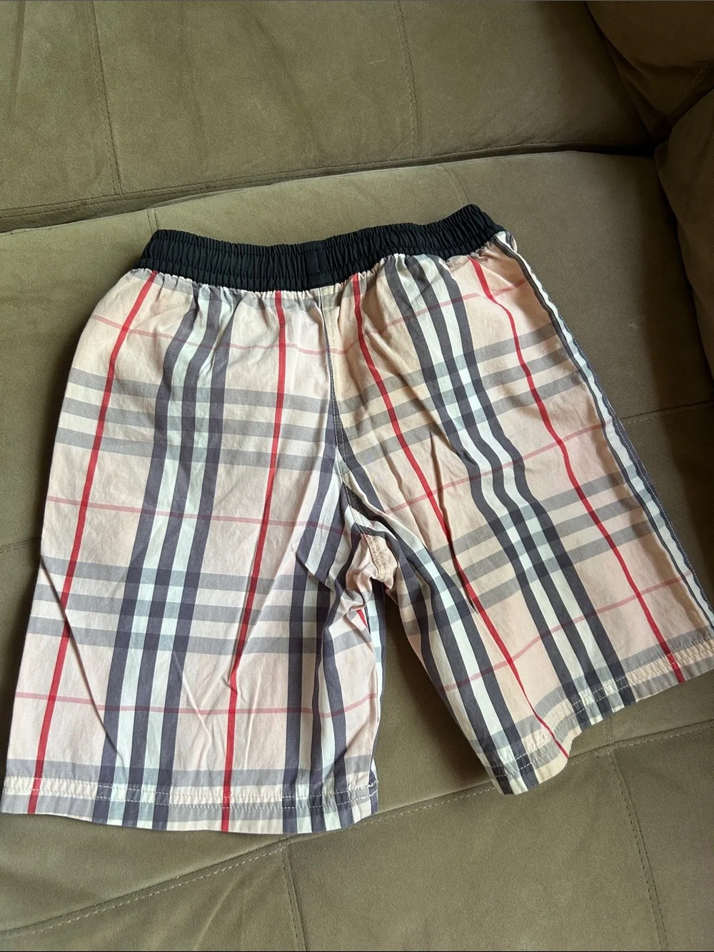 Boys Burberry Plaid Drawstring trunks in Cream, Navy & Red